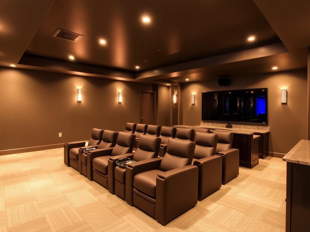 Finished basement home theater with leather seating